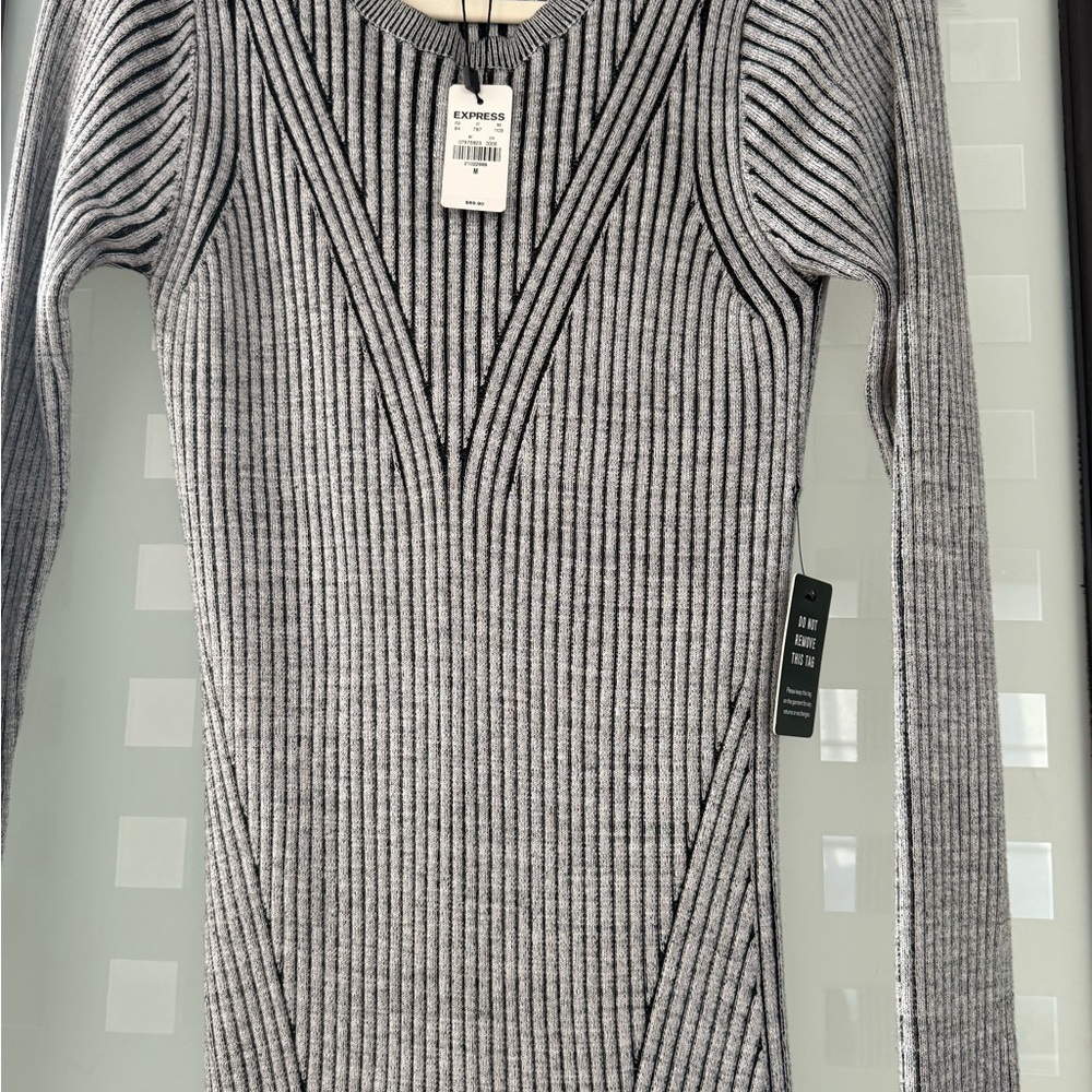 Express ribbed knit Black and White Striped Long Sleeve Dress - Picture 3 of 5